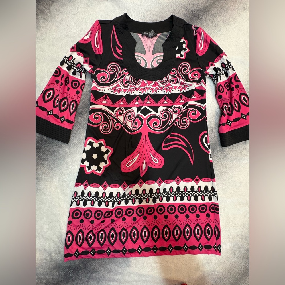 I.N.C. International Concepts Black Pink White Print Shift Comfy Dress S (A1)